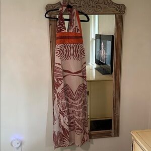 Luxxel Red and Cream Halter Maxi Dress with Orange Waistband